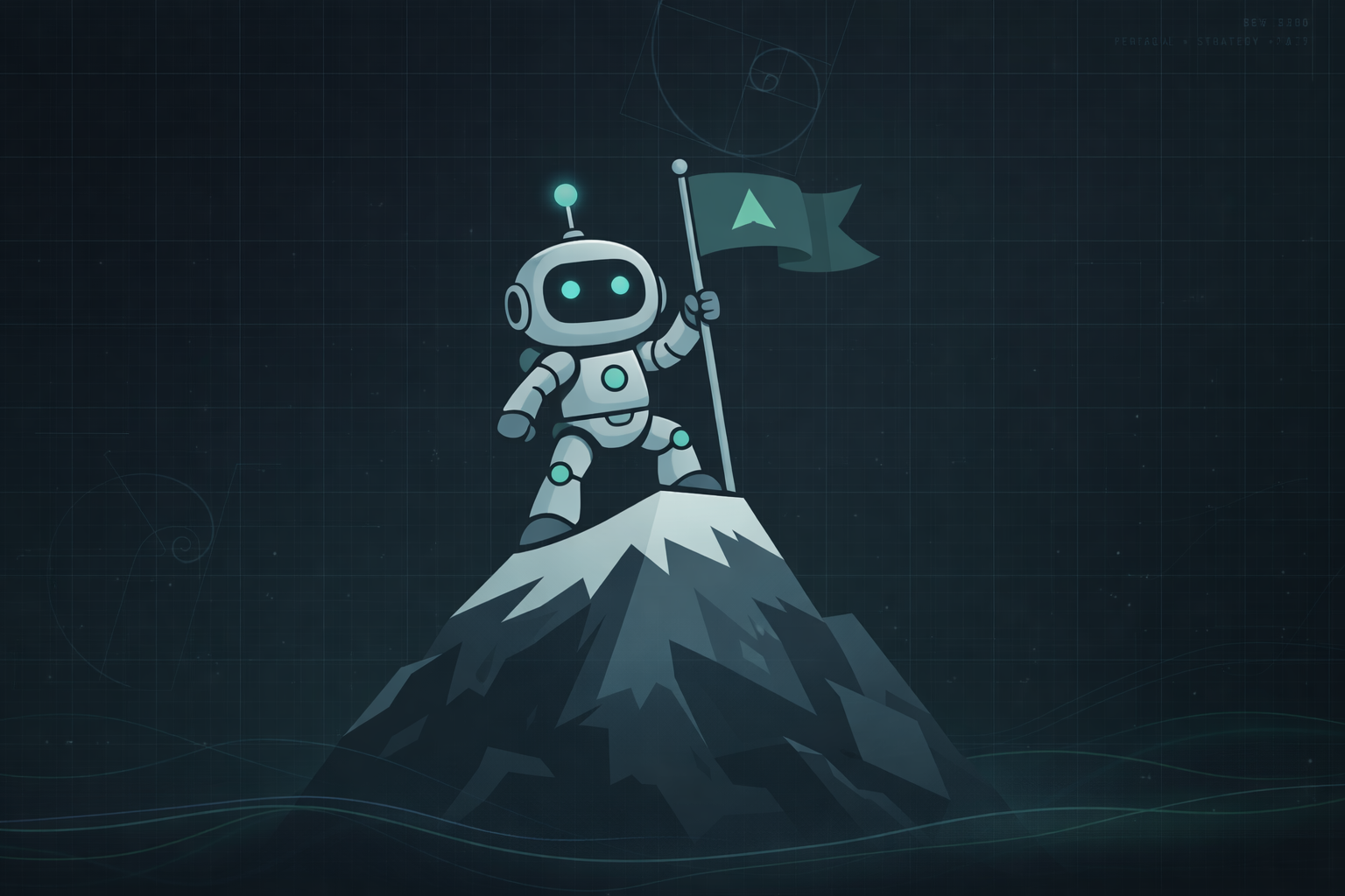 A robot leader standing on a mountain, symbolizing AI-era leadership at all levels