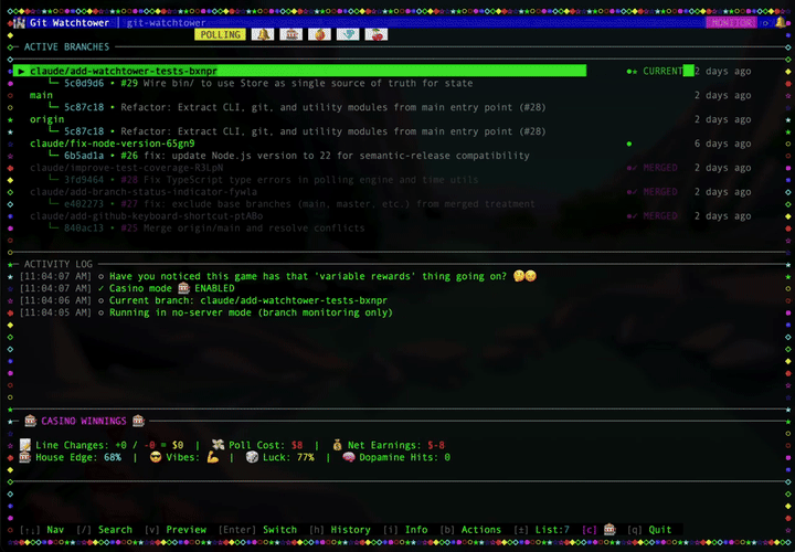 Animated terminal showing git-watchtower Casino mode with slot machine reels spinning during a git poll, landing on matching symbols for a BIG WIN, surrounded by flashing marquee border lights.
